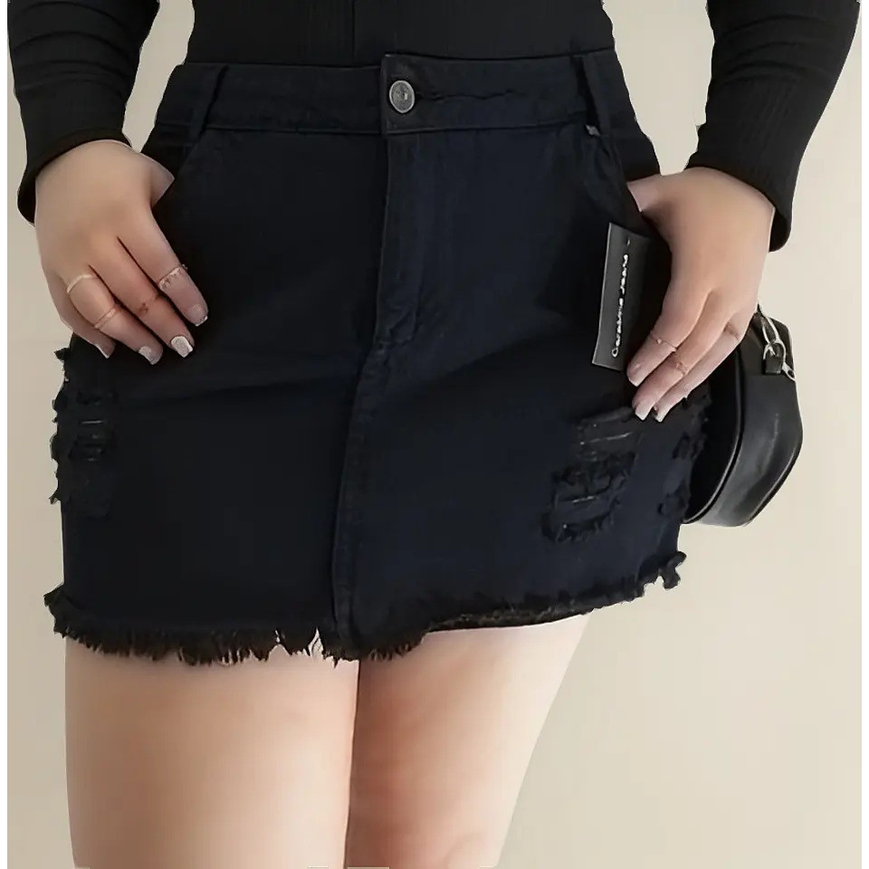 Saia Carabina Jeans Preta Desfiada  Plus Size  Cintura Alta