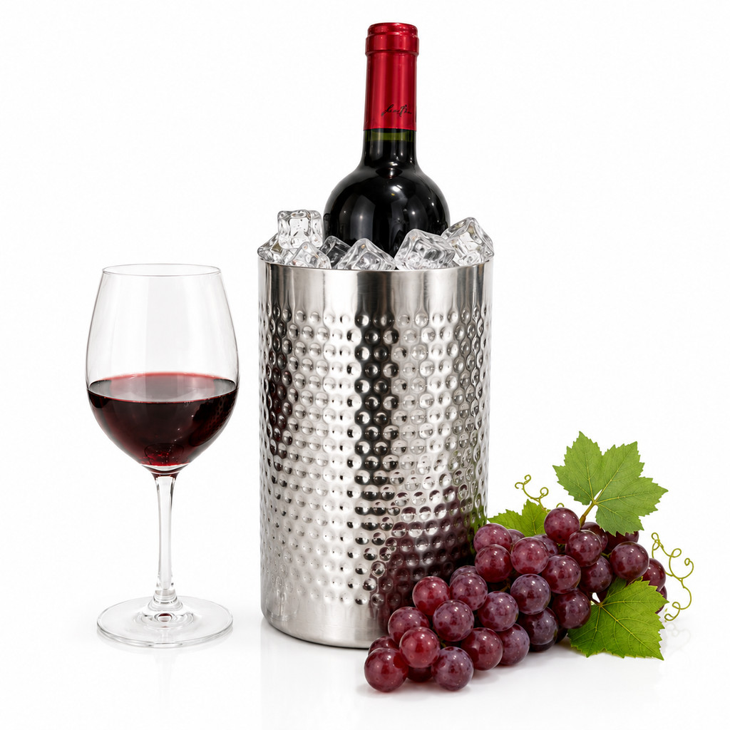 Balde de Gelo Resfriador Para Vinho em Aço Inox 1,5 Litros Acabamento Martelado Elegante e Resistente