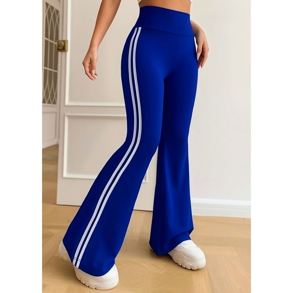 Calça Flare Bailarina Feminina com Cós Alto em Suplex Listras Lateral Academia