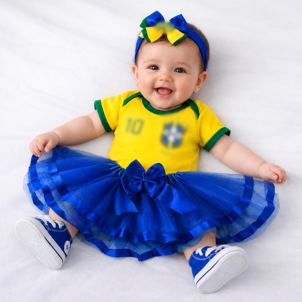 Body Bebê Brasil Campeã Copa do Mundo Luxo Saia Tule Laço Tênis Mesversário