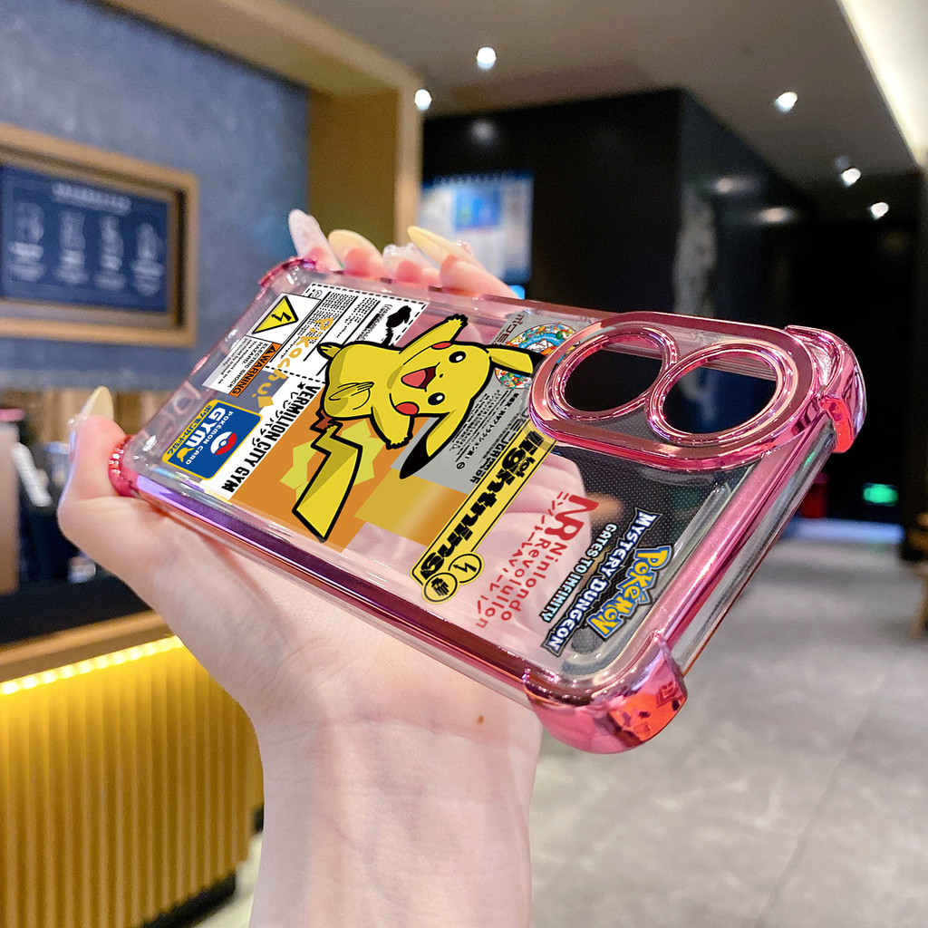 Compatível Com OPPO A40 A3X A2 A5 Pro A60 A18 A38 A57 4G A58 5G Pokémon Pikachu Capa Transparente Revestida Anti-Queda