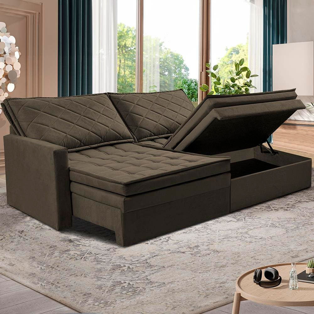Sofá 3 Lugares Cama InBox Marselha II Retrátil Reclinável com Baú Revestimento Suede Velusoft 160cm