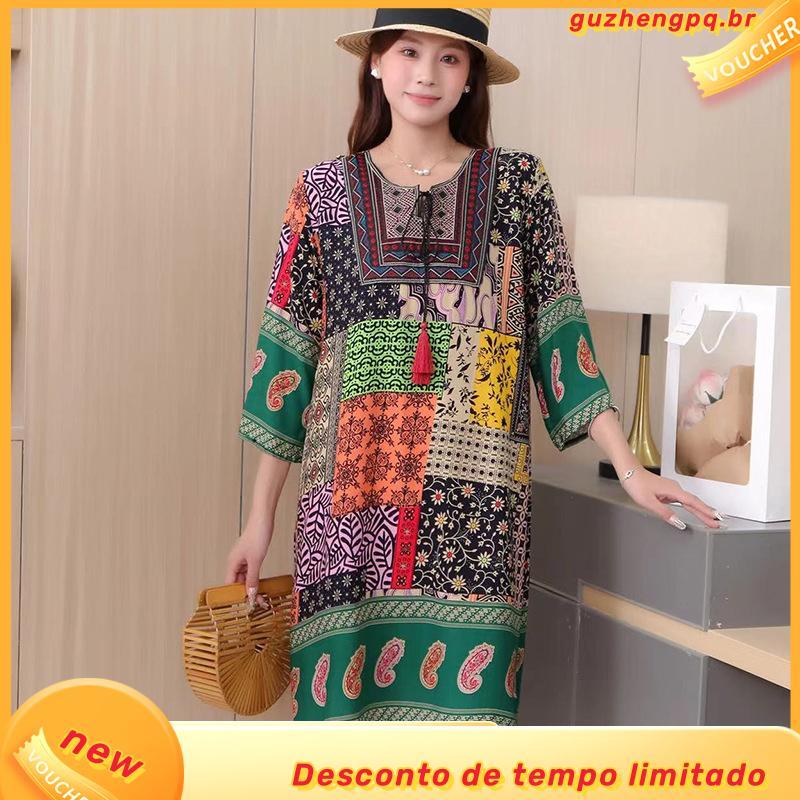 THHONE Vestido Longo Midi Plus Size De Algodão Solto Oversized Floral Impresso Estilo Étnico Vestidos Bordados Tas