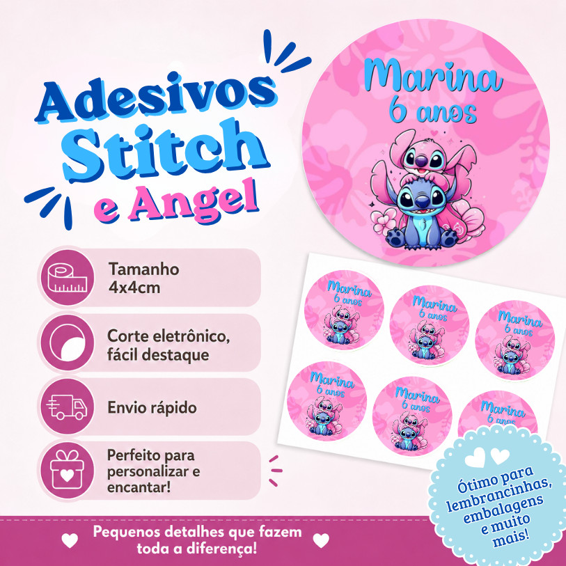 Adesivo Personalizado Stich e Angel Rosa 4x4 | Lembrancinha | Festa Infantil | Aniversário