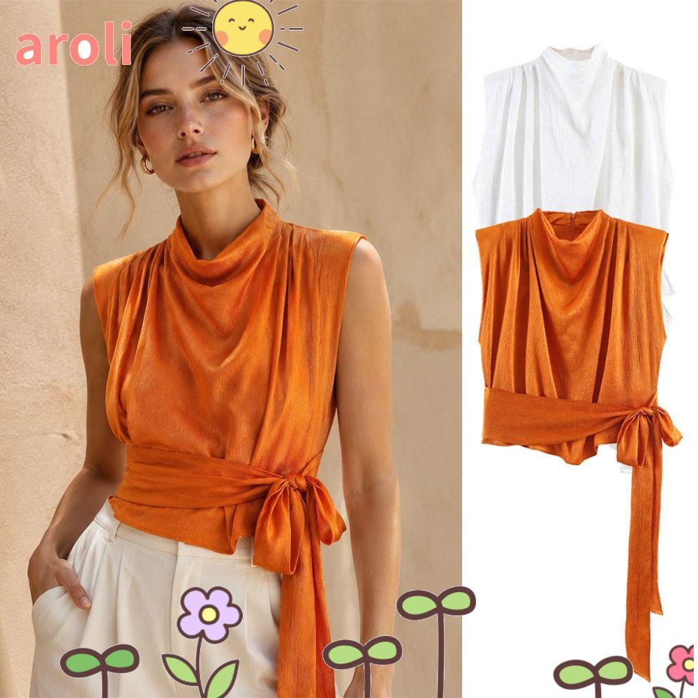 AROLI Top Sem Mangas , Feminino De Cetim Respirável , Blusa De Verão Confortável E Graciosa Com Decoração De Laço