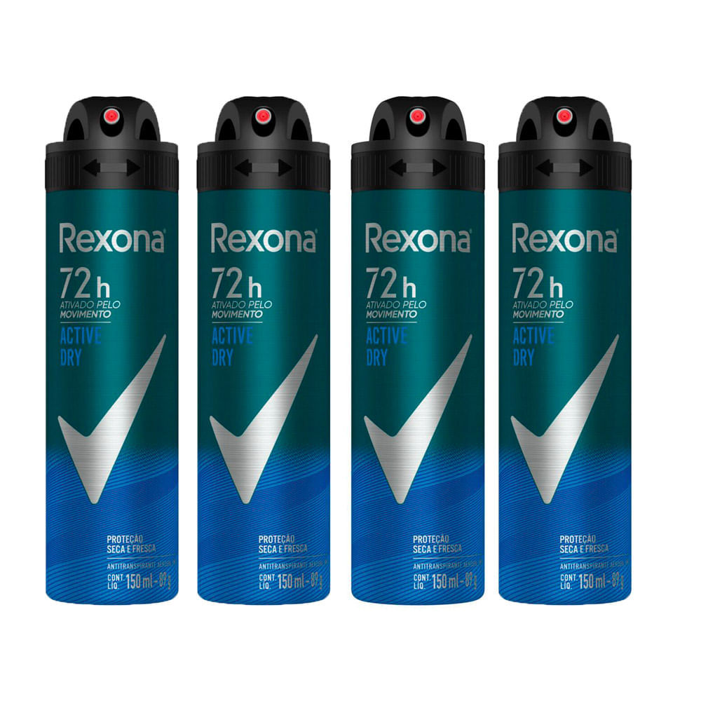 Kit 4 Desodorante Rexona Men Active Dry Aerosol Antitranspirante 72h 150ml