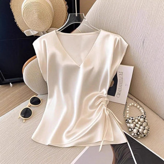 Blusa de manga curta de cor sólida estilo fino elegante com decote em V Top Slim Fit