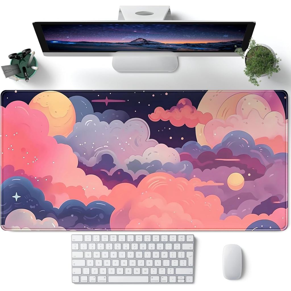 Tapete de Mesa Fofo Kawaii Nuvens Rosa Roxo, Almofada de Mesa Anime XXL Grande, Mousepad Grande para Jogos, Tapete para