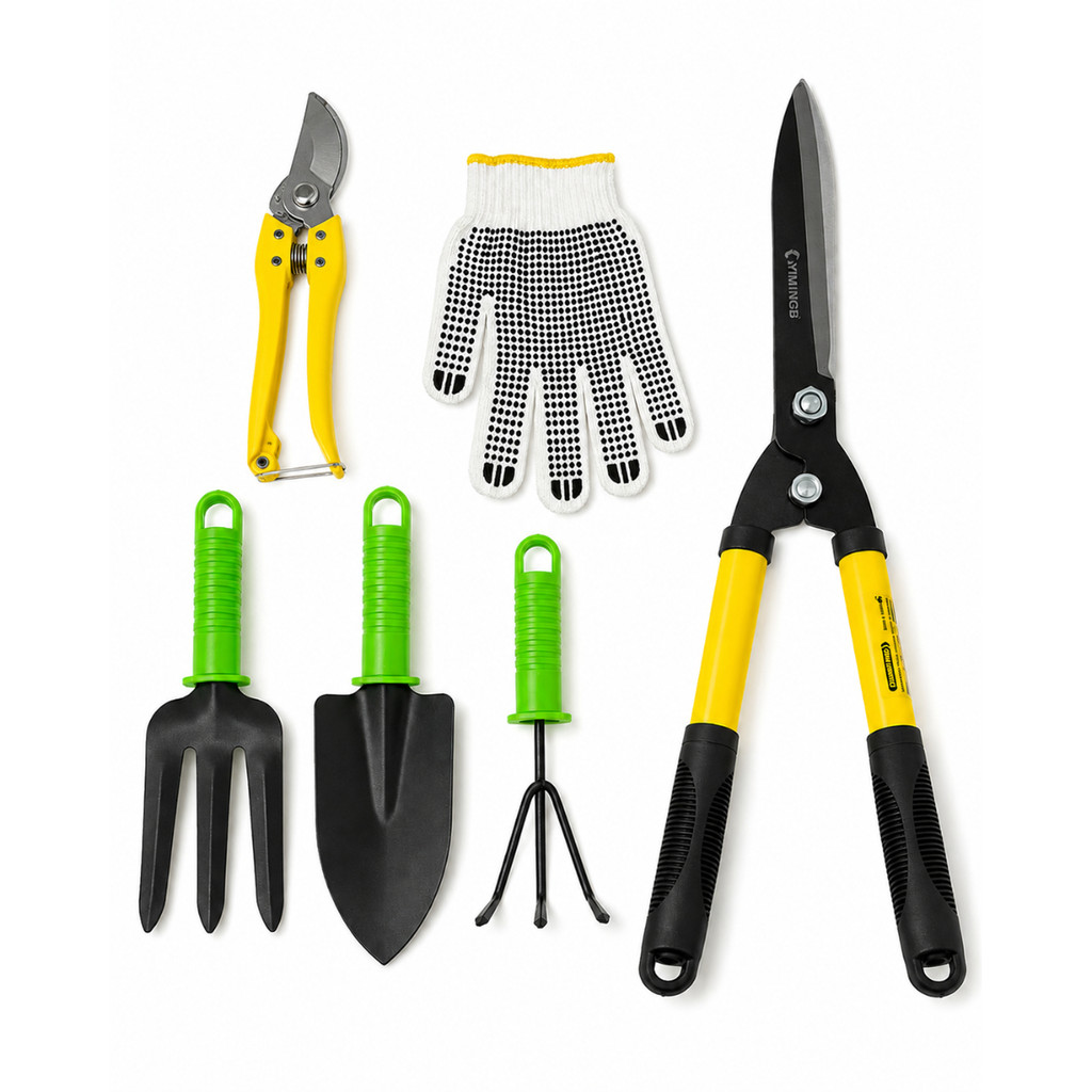Kit Jardinagem 6 Peças Tesoura Poda Tesourao Jardim Serra Dobravel Luva Garfo Ancinho