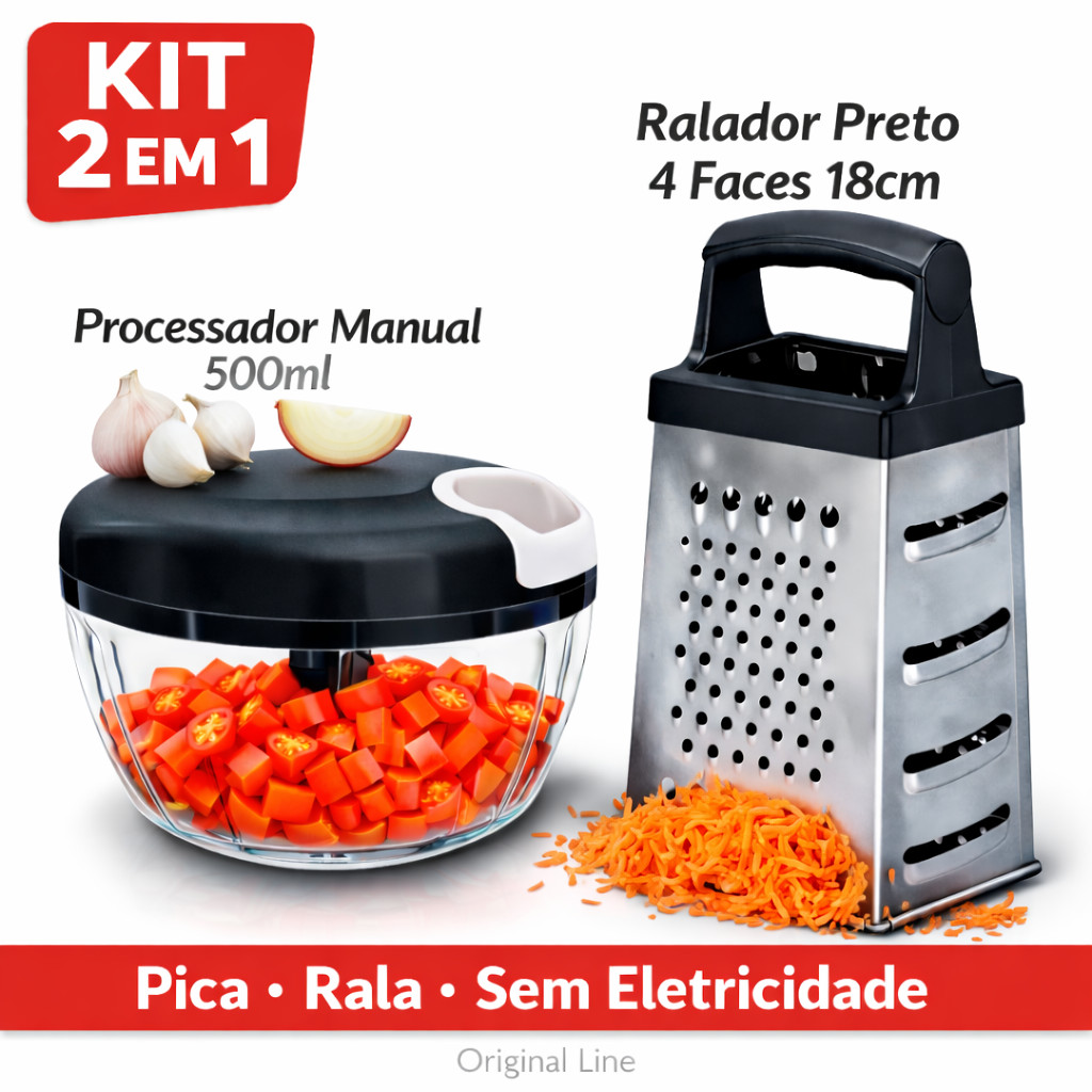 Kit Cozinha 2 em 1 Processador Manual 500ml + Ralador 4 Faces Inox Picador Alho Cebola Legumes Sem Eletricidade Original