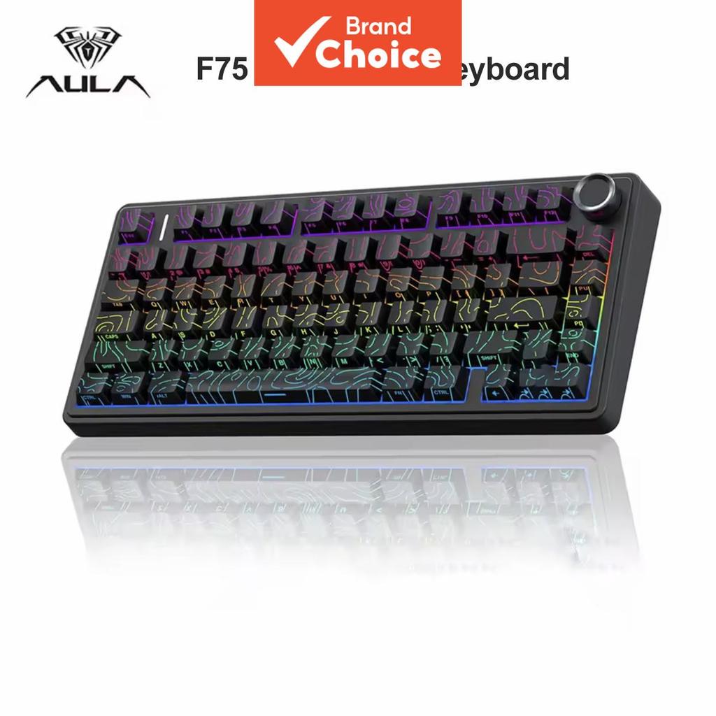 Teclado para jogos Aula F75 com três modos de conexão, troca a quente de todas as teclas, RGB completo e controle remoto