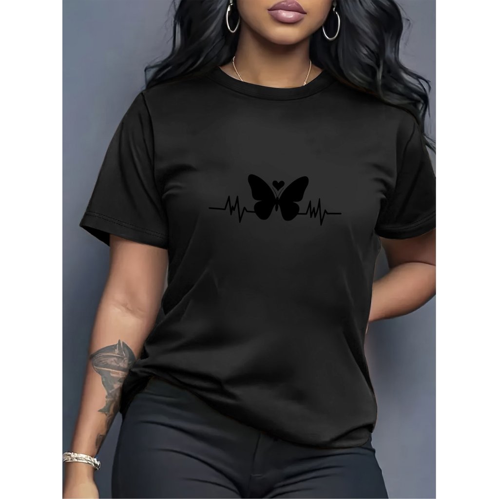 Camiseta Feminina com Estampa Exclusiva - Moda Verão Estampa Moderna Respirável e Confortável Gola Redonda Tecido Macio
