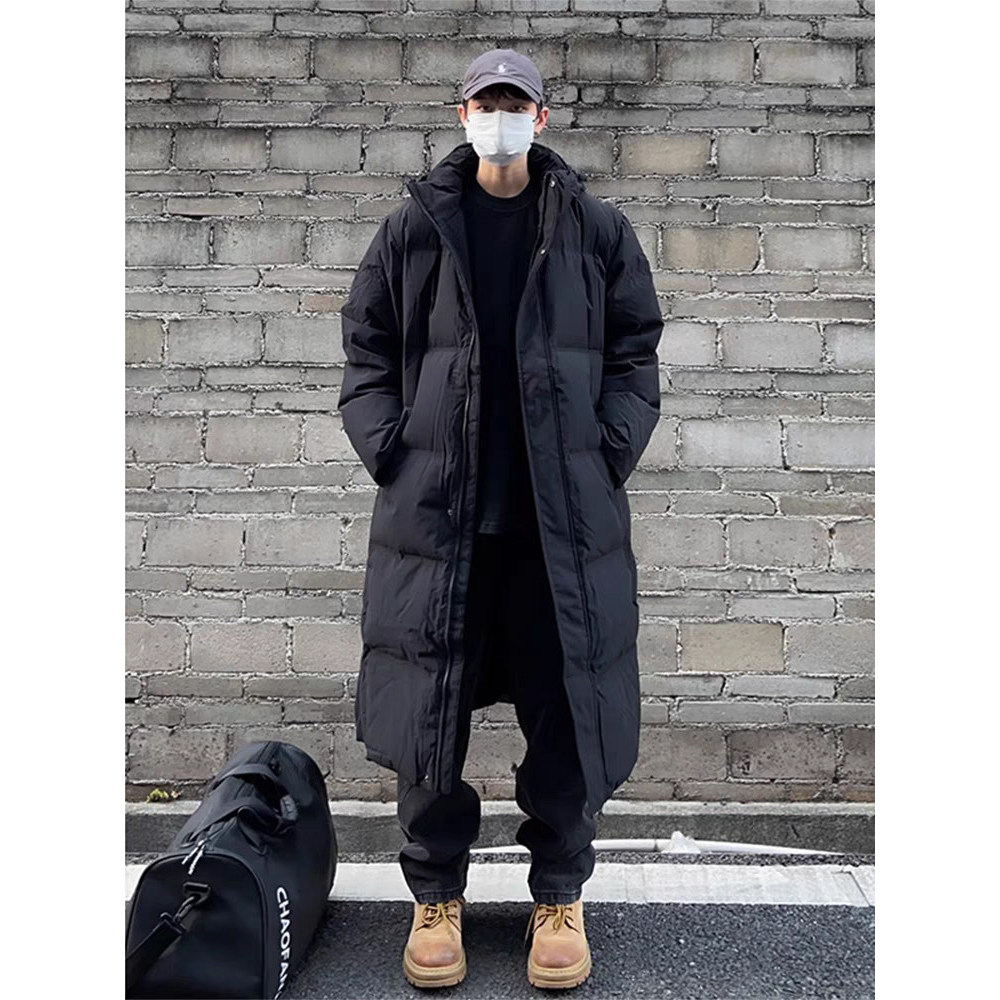 Preto estilo americano com capuz de comprimento médio jaqueta acolchoada masculina inverno grosso sobre o joelho nordest