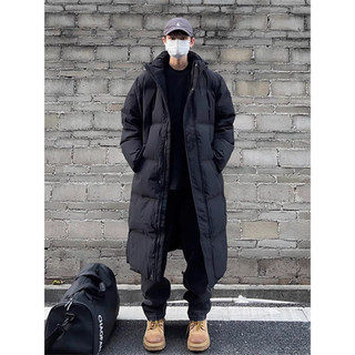 Preto estilo americano com capuz de comprimento médio jaqueta acolchoada masculina inverno grosso sobre o joelho nordest