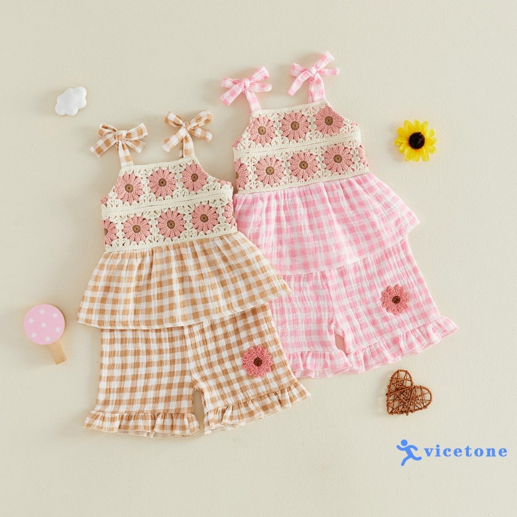 VICETONE-2 Peças Roupas De Verão Para Bebês Meninas Sem Mangas Com Estampa Xadrez Regata + Shorts Conjunto De Infantis