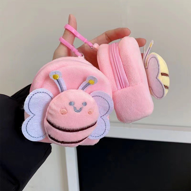 Mini bolsa de moedas fofa e feminina em formato de abelha de desenho animado, pingente, bolsa de pelúcia para guardar fo