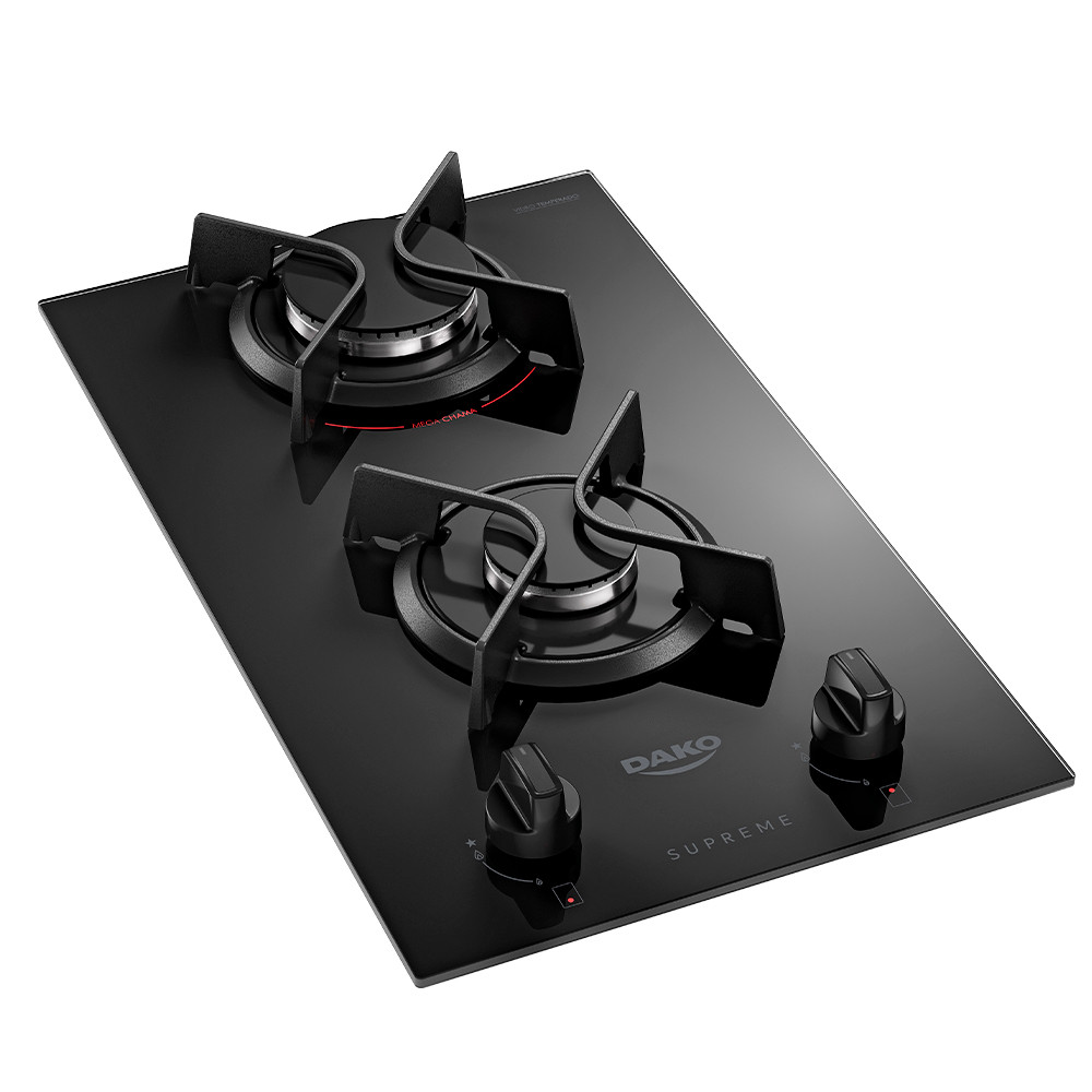 Imagem Cooktop 2 Bocas a Gás Dako Supreme com Queimador Mega Chama e Mesa de Vidro Temperado Preto Bivolt