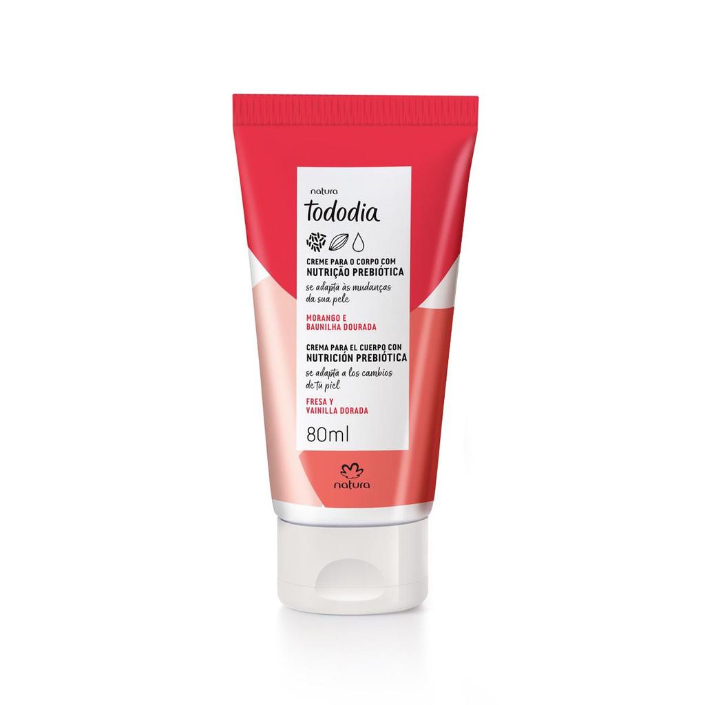Embalagem de bisnaga do creme hidratante Natura Tododia Morango e Baunilha Dourada de 80ml em fundo branco