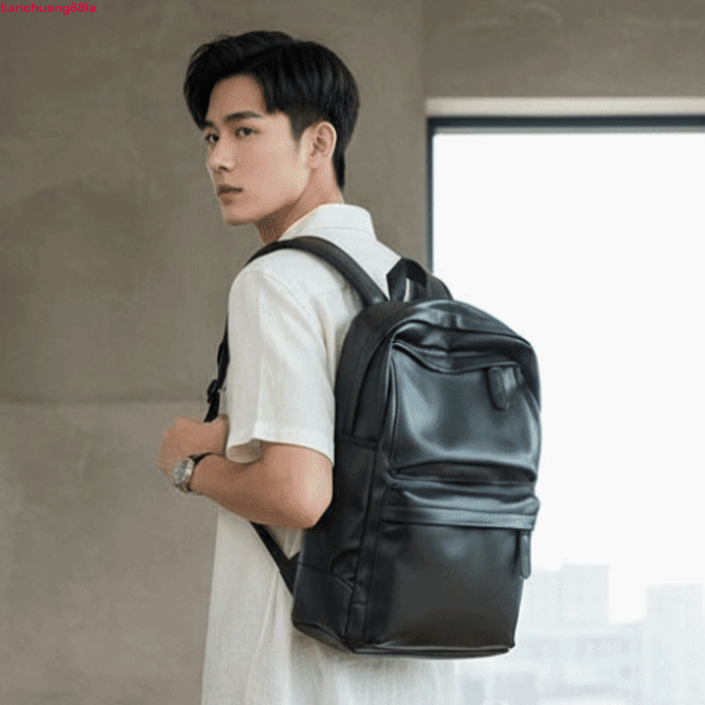 Mochila De Couro TIANCHUANG Masculina , Bolsa Escolar Para Laptop Resistente À Água Em PVC , Acabamento Preto , Grande C