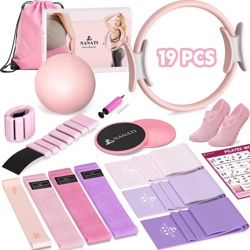 NANATI Kit de Pilates 19 peças, kit essencial de Pilates para mulheres equipamento de Pilates com anel e bola de Pilates