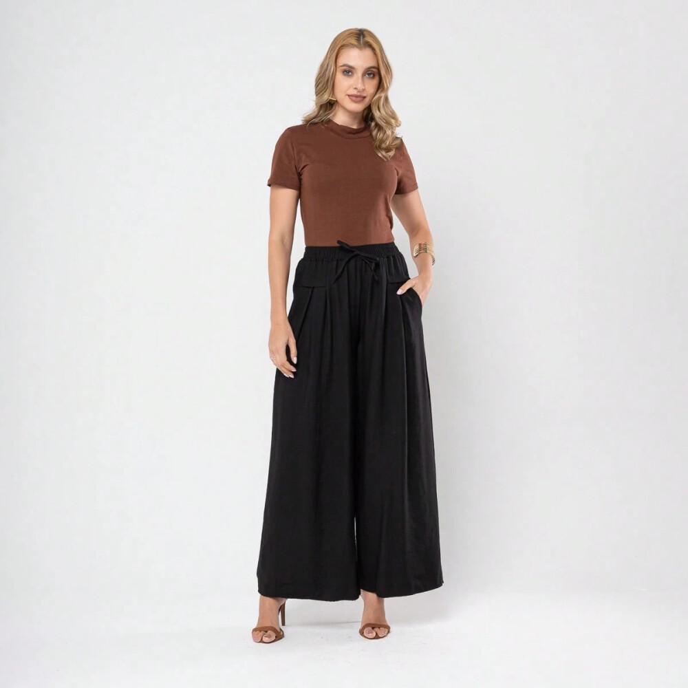Preto Calça feminina em tecido de fibra de gelo, calça de cintura alta com bolsos,saia-calça folgada de perna larga