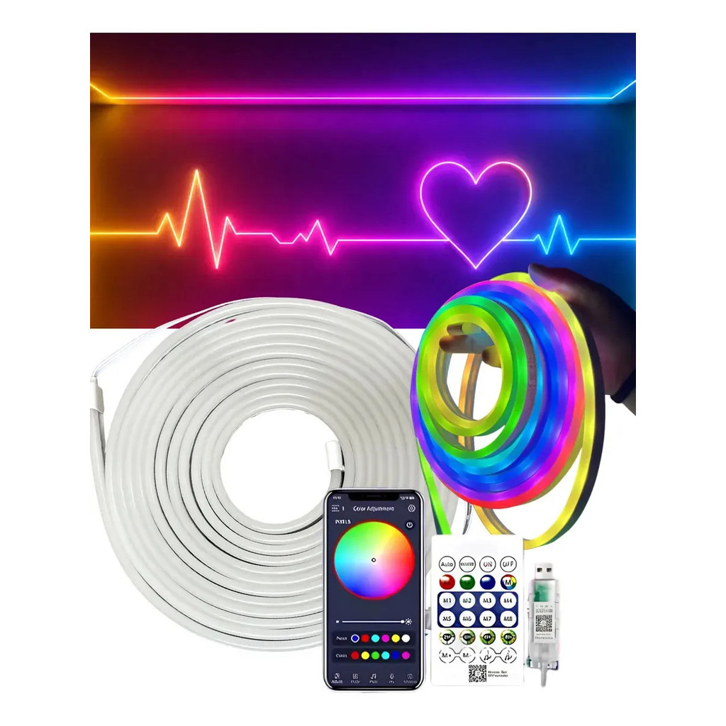Fita Led Neon RGB 5m USB 5V Bluetooth Smart App Controle Remoto IP67 Flexível
