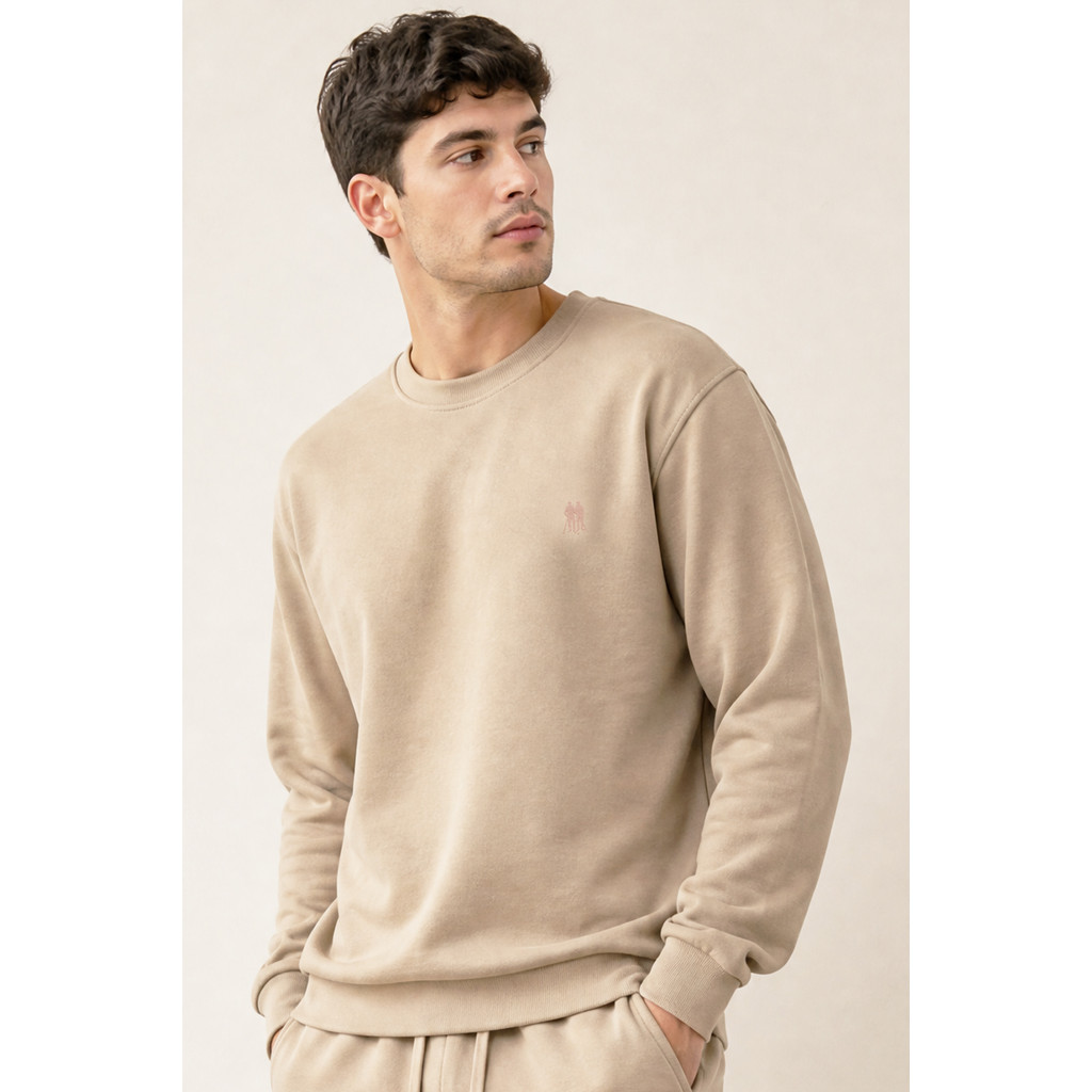 Blusa Moletom Confortável Gola Careca Polo Wear Bege Médio