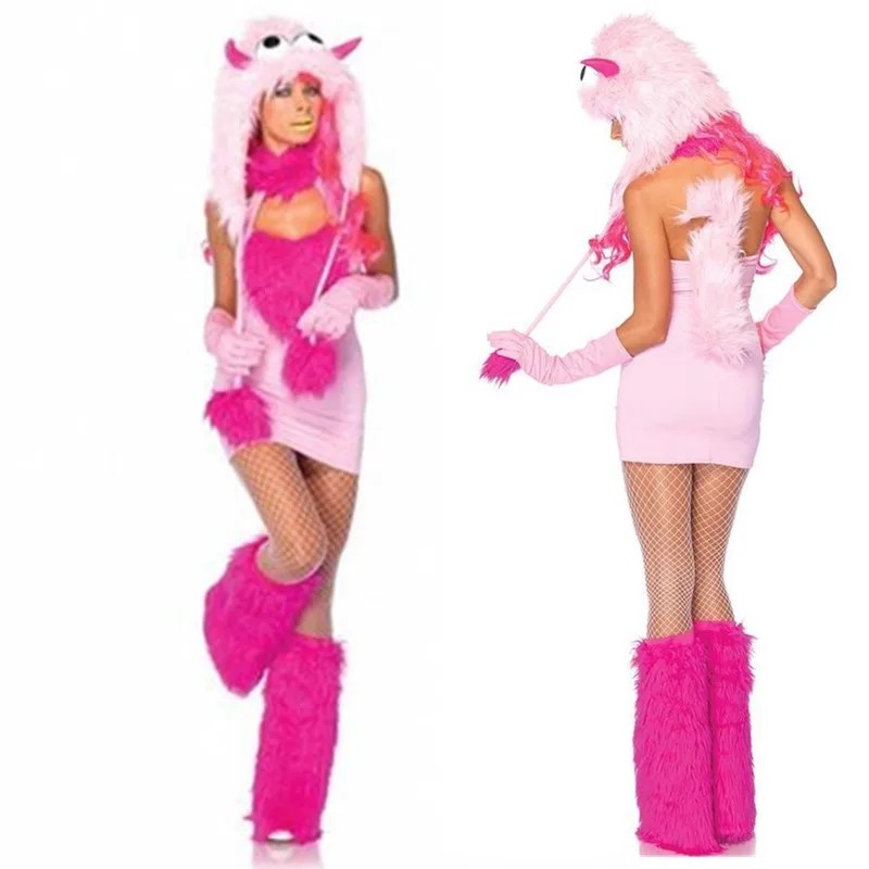 Rosa Puff Monstro Traje Para Mulheres Sexy Pelúcia Chapéu De Inverno Vestido Perna Mais Quente Conjunto Festa De Hallowe