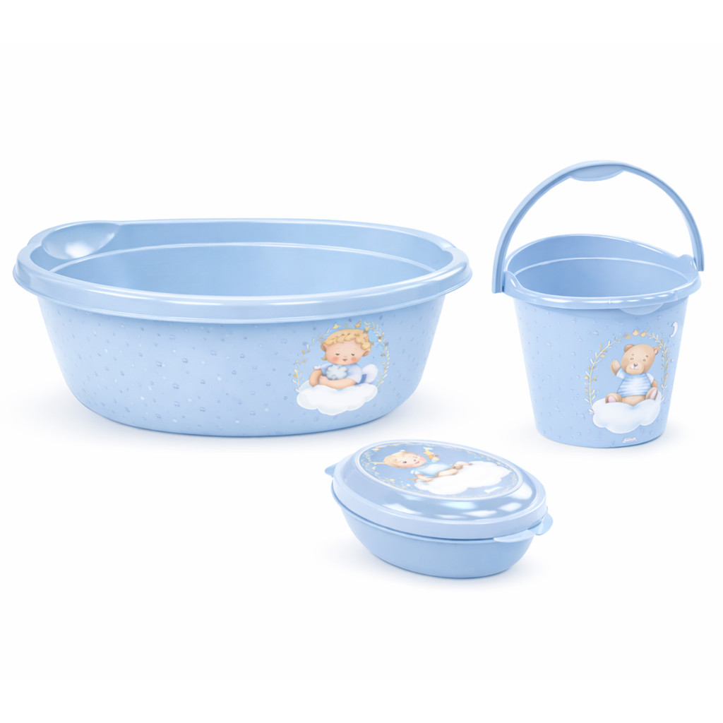 Kit Banho Bebê | 3 Peças | Bacia 15L + Balde 8L + Saboneteira | Urso Azul | Plasútil