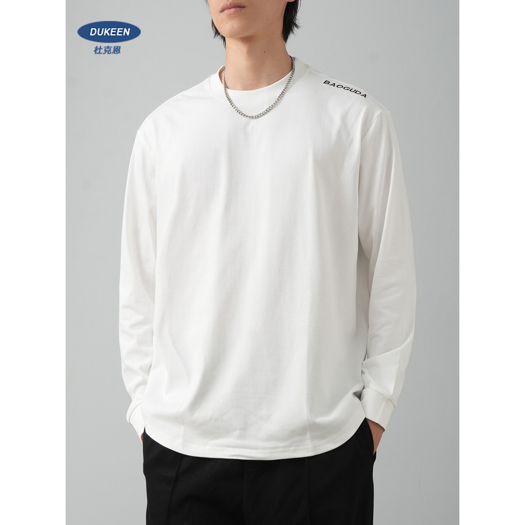 Camiseta bordada pesada masculina de manga comprida primavera outono 2024 novo estilo americano solto em torno do pescoç