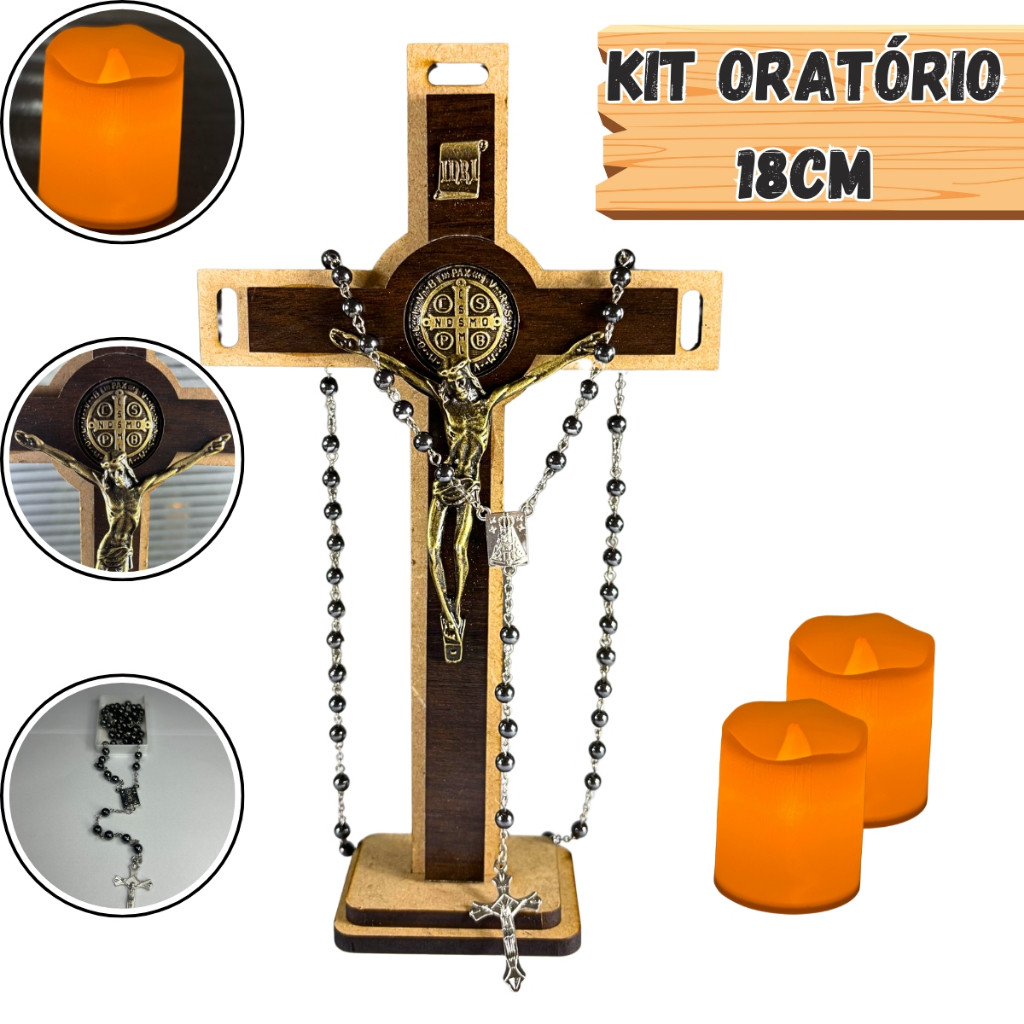 Oratório Quaresma Cruz de Madeira São Bento 18cm + Vela Led Bateria E Terço Hematita