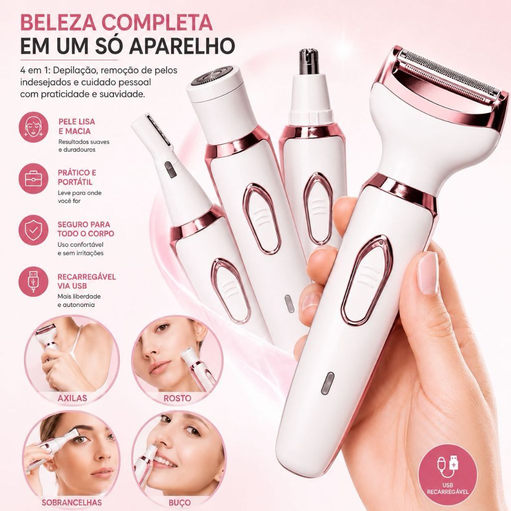 Aparador Feminino  4 Em 1 Recarregável USB Depilador Sobrancelha Nariz Axila Corpo 500mAh