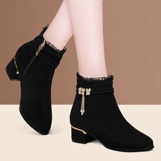 Wenzhou botas de renda e Nude 2026 outono inverno novo estilo versão coreana salto grosso mais botas curtas de veludo fe