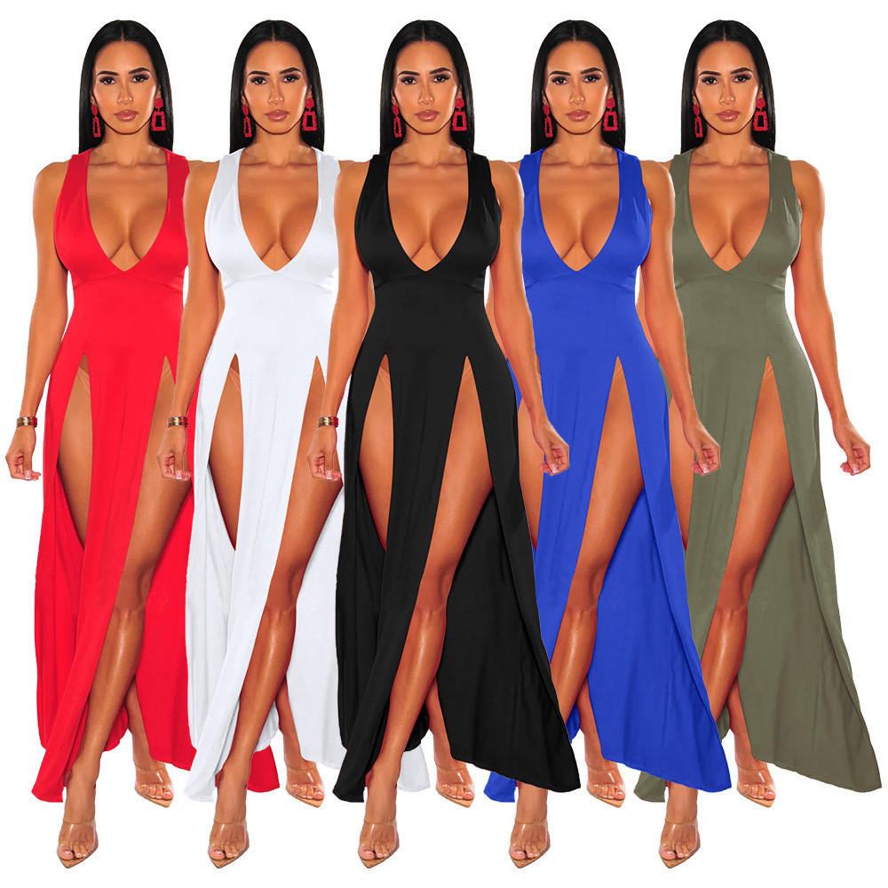 2025 verão novo estilo saia longa profundo V Split multicolorido vestido bandagem saia boate saia feminina