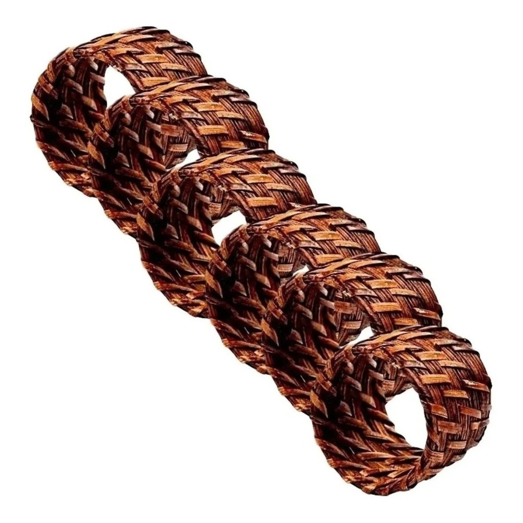 Kit 6 Anéis  Em Rattan E Bambu Rústico Para Guardanapo