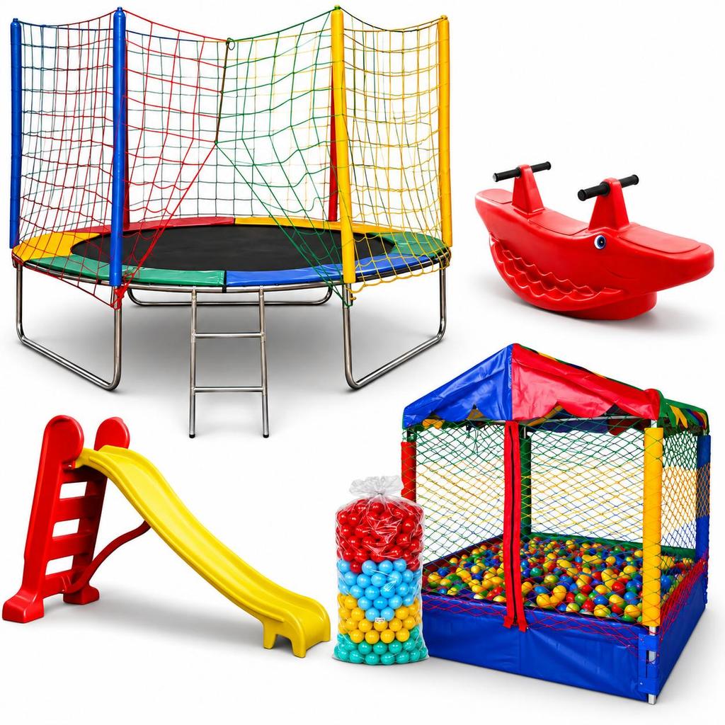 Cama Elástica 2,44m+ Piscina de Bolinhas 1,00m+500 Bolinhas Coloridas+Escorregador Médio 3 Degraus+Gangorra 2 Lugares