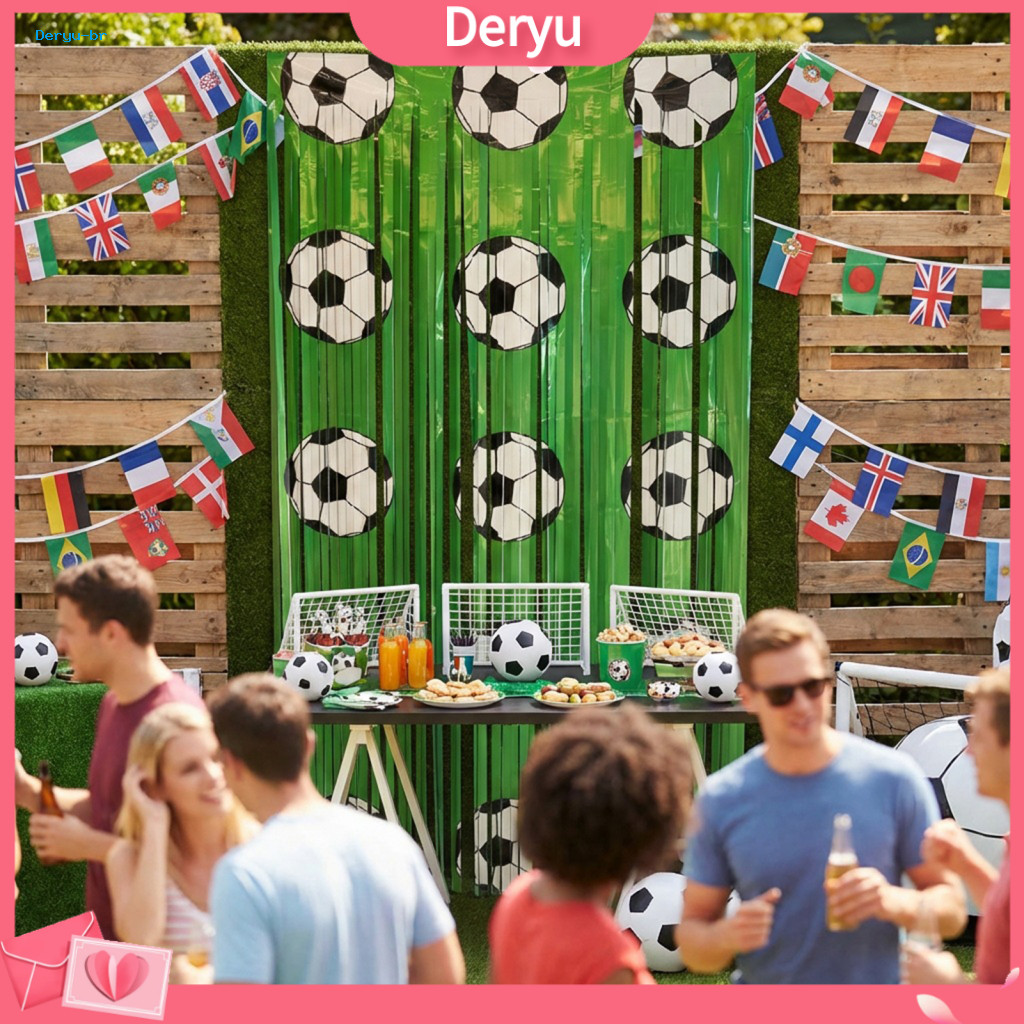 Soccer Party Streamer Backdrop Foil Fringe Curtain 3.28x6.56 Ft Green White Tinsel Streamers Banner for Sports Photo Boo