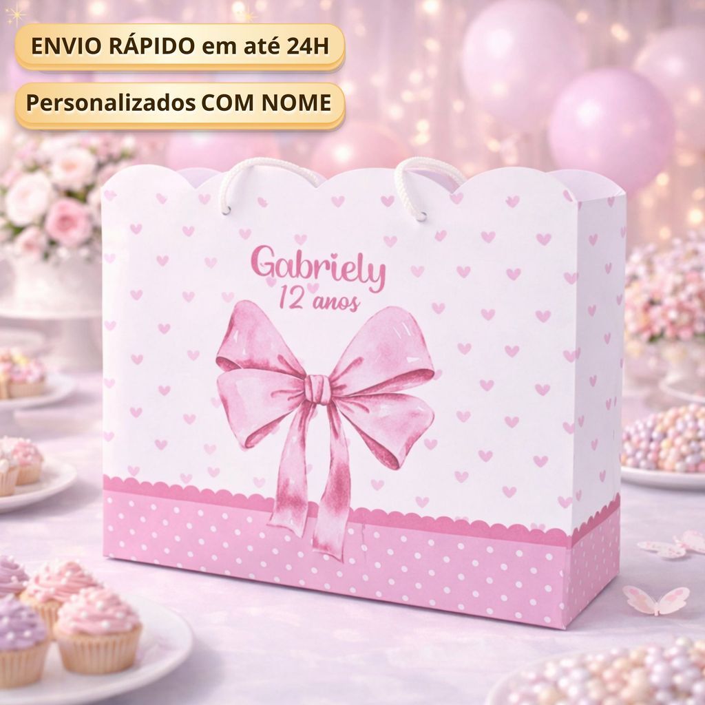 Sacolinha G Laço Rosa Bebê Pegue Monte  Caixinha Lembrancinha Kit Festa Luxo Sacolinha Lacinho Grande