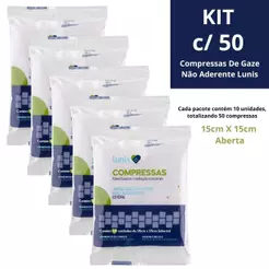 Kit 5 Pacotes de Compressas De Gaze Não Aderente Lunis 10 Unidades cada - Total 50 15cmx15cm