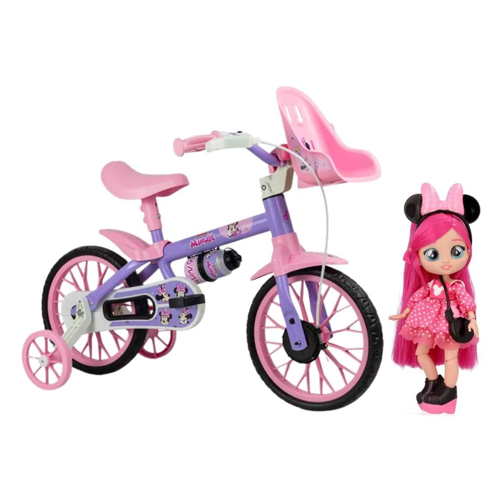 Kit Bicicleta Infantil Aro 12 Disney Minnie + Boneca Cry Babies BFF Minnie Criança Esportes Diversão