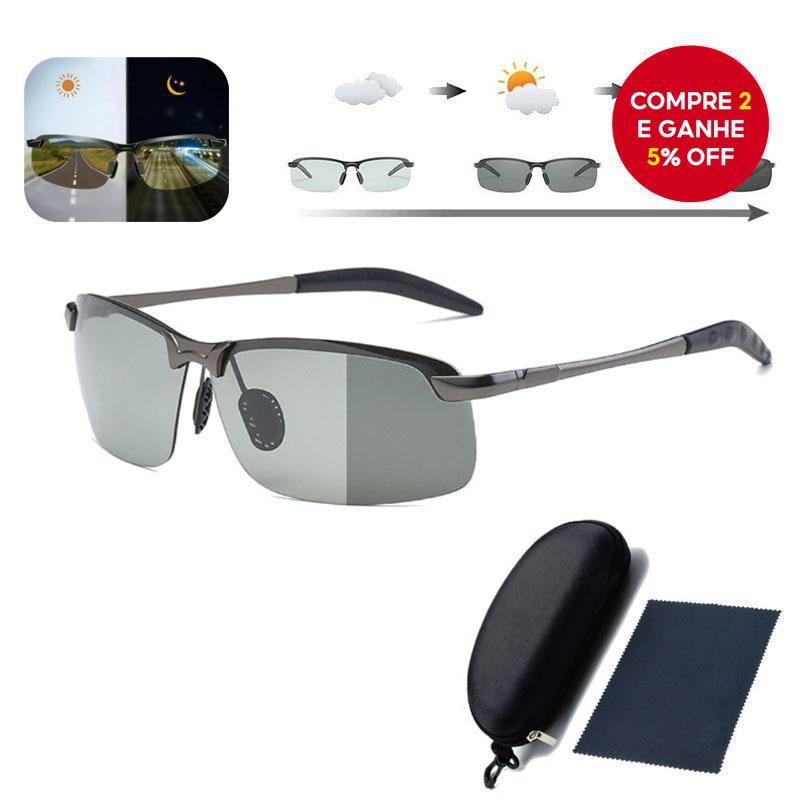 Óculos de Sol Masculino com Lentes Fotocromáticas Polarizadas para Direção e Pesca, Armação Metálica, Proteção UV400