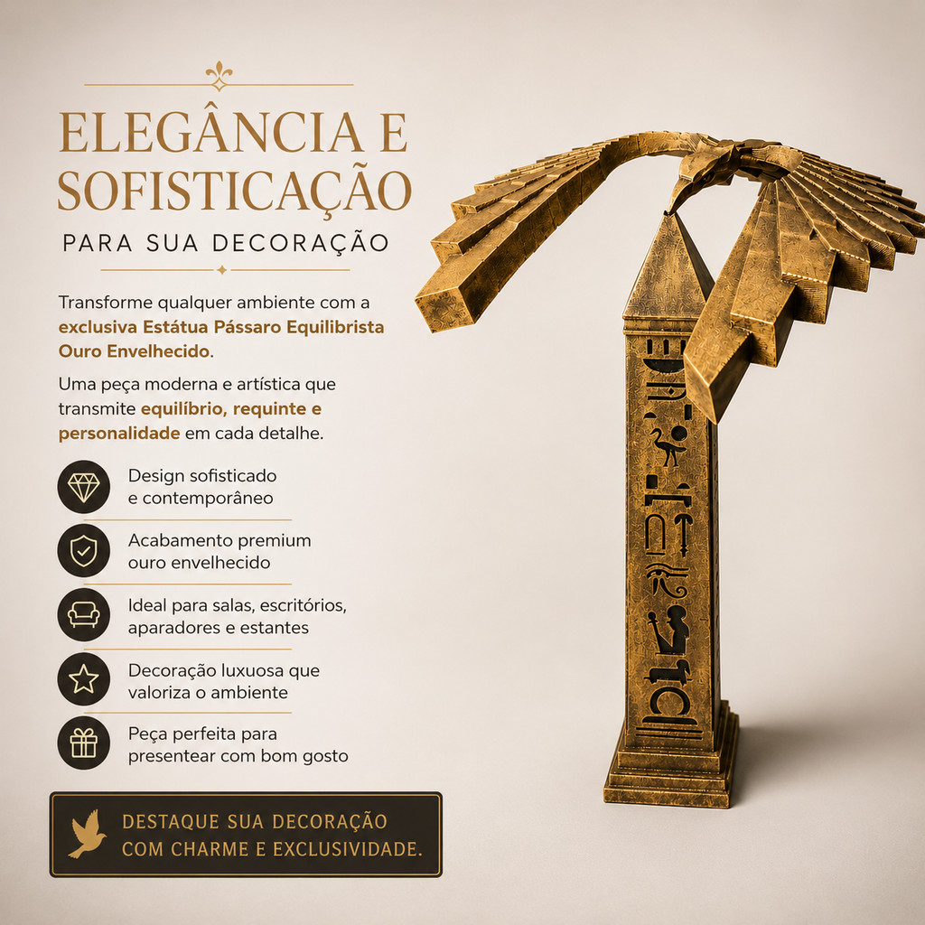 Estátua Pássaro Equilibrista Egito Pirâmide Ouro Envelhecido Decoração Luxo Sala Escritório