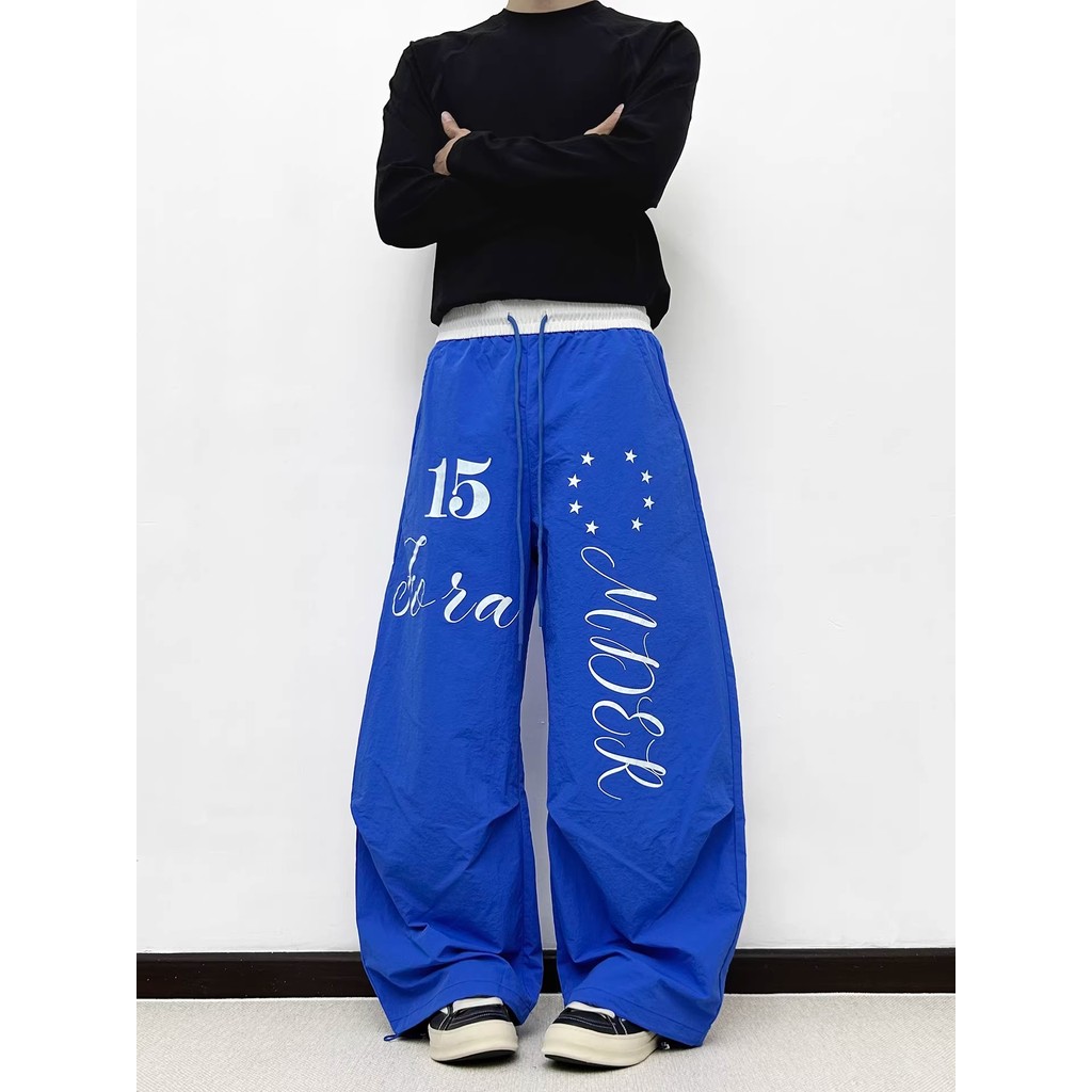 Americano Retro carta impressão Machete cordão paraquedista calças soltas perna larga Casual calças de dança de rua jaqu