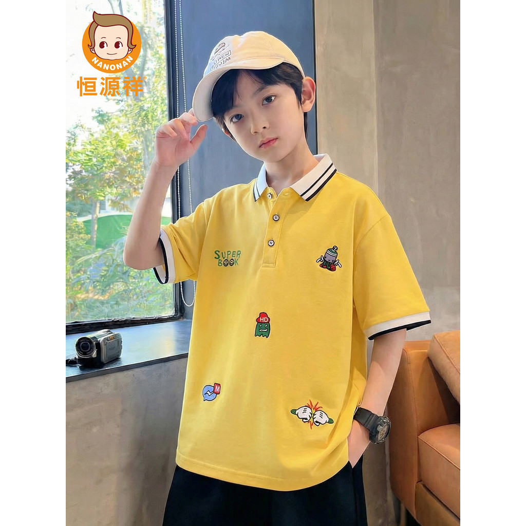 Hengyuanxiang Meninos Verão Camisa Polo de Manga Curta Desenhos Animados Impressos Tops Infantis Crianças Grandes Escola
