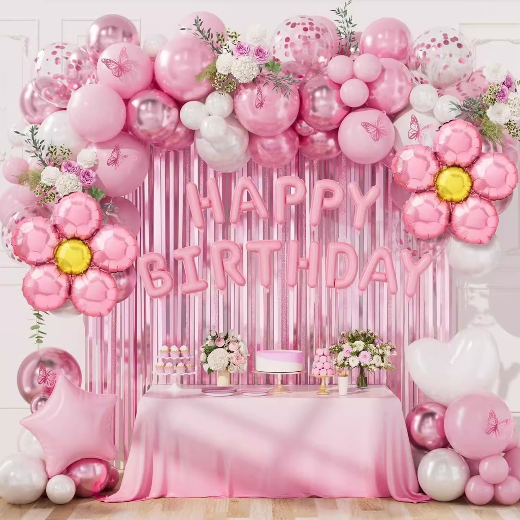 2026 novo estilo rosa margarida 3D borboleta balão conjunto crianças festa de aniversário decoração borboleta chuva seda