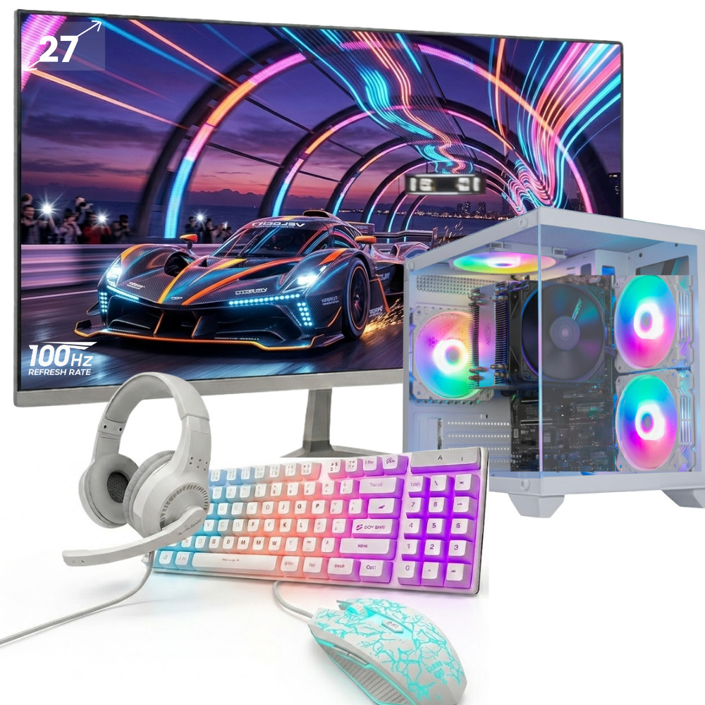 Computador Pc Gamer Ryzen 5 16GB DDR4 SSD 480GB Wifi Monitor Led 27" Curvo Branco