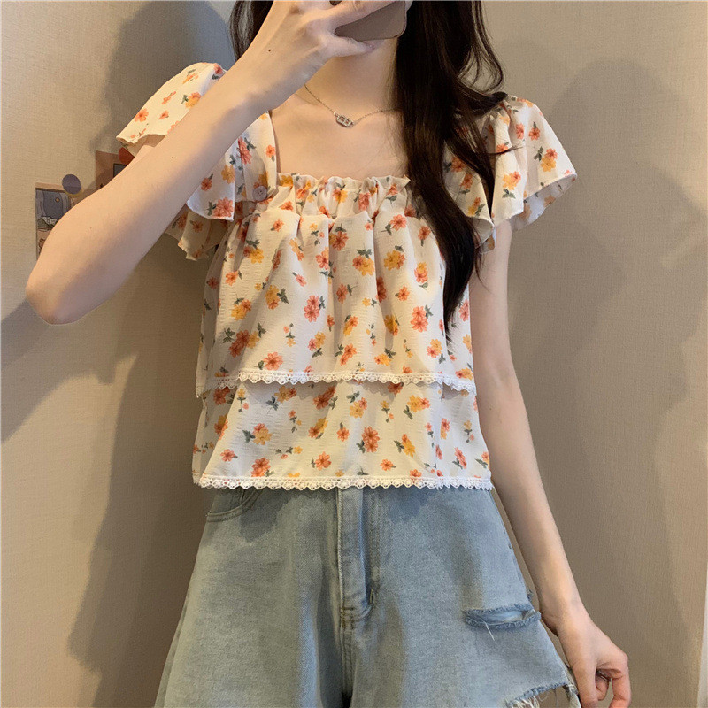 Pequeno nicho Floral camisa francesa feminina verão versão coreana mangas voadoras estilo doce fresco estilo curto pesco