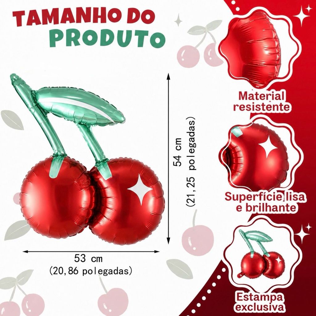 5 Balão fruta metalizada Cereja Gigante 54cm decoração jardim festa enfeite - Envio Imediato