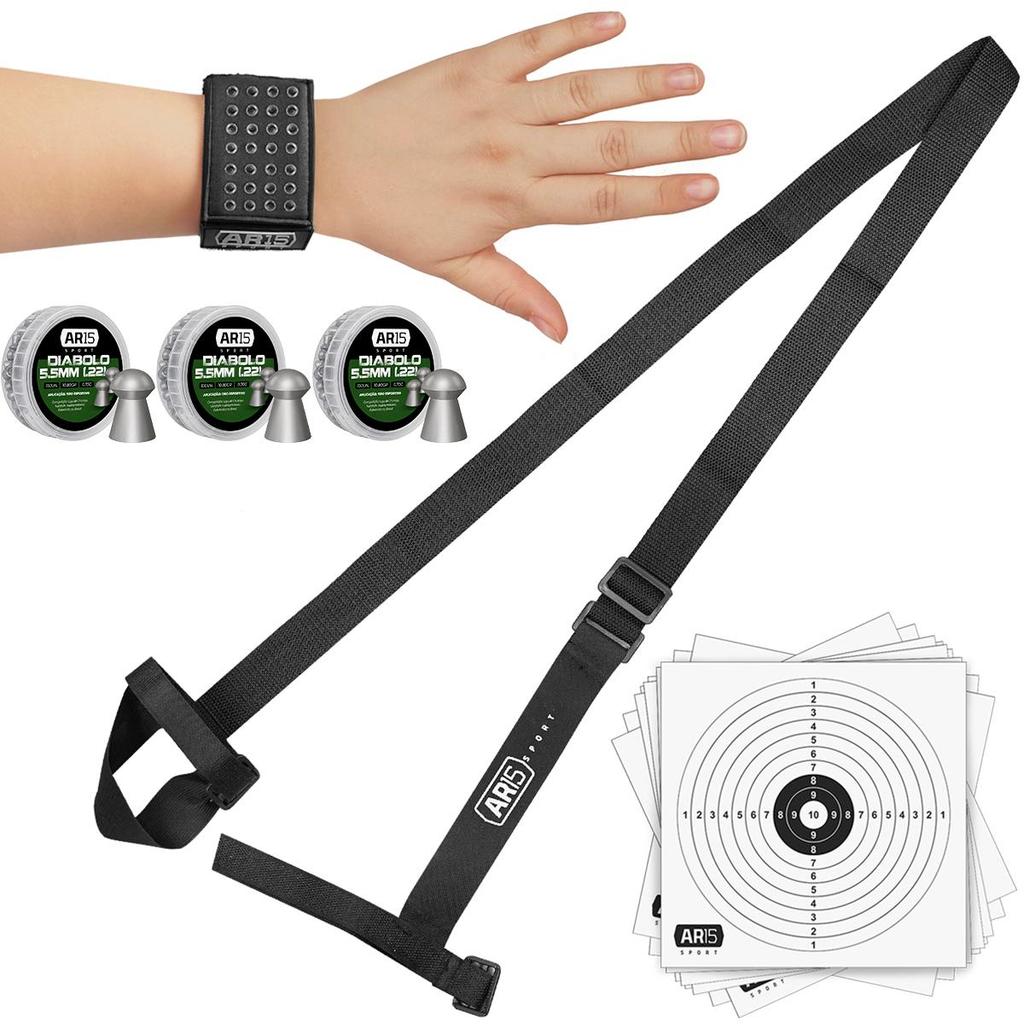 Pulseira Porta Chumbinho AR15 Sport + Chumbinho Rossi Sport 5.5 03u Latas + Bandoleira Universal