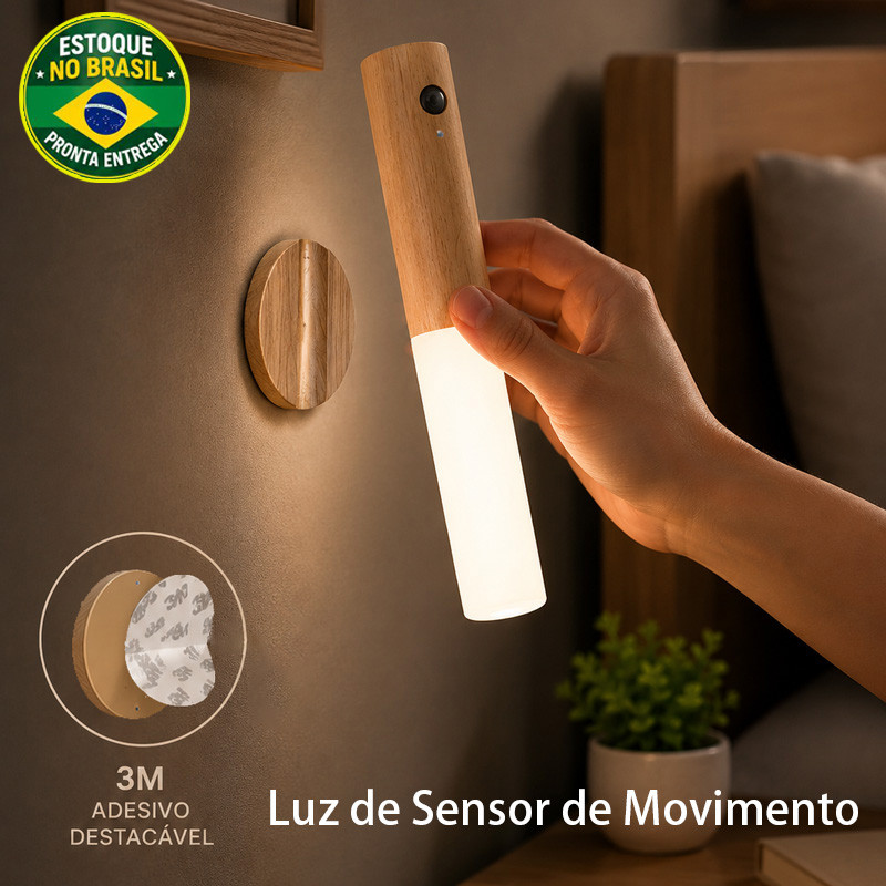 Luminária Luz Noturna LED Madeira Sensor Movimento Magnética Recarregável USB Sem Fio